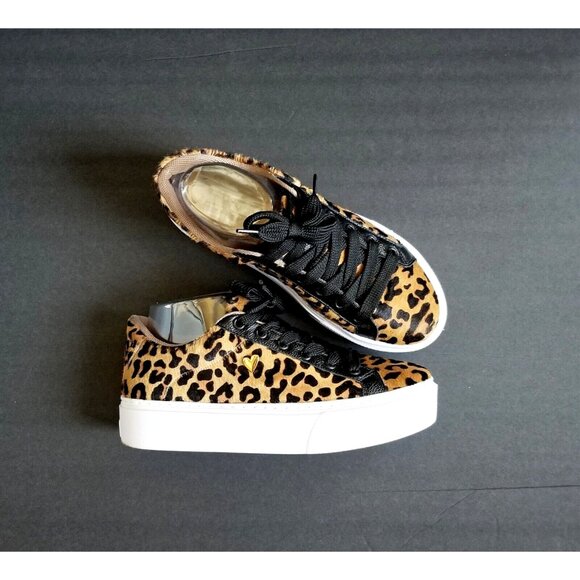 NATALY MENDEZ Brown Leopard Sneakers Sz 37 7 Lace Up Leather Calf Hair - Picture 9 of 15